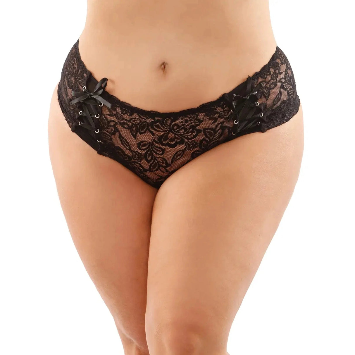 Bottoms Up Magnolia Stretch Lace Crotchless Panty With Ribbon Lace Up Front
