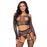4 Piece Rhinestone Crop Top G-String Garter Belt and Stockings