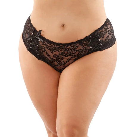 Bottoms Up Magnolia Stretch Lace Crotchless Panty With Ribbon Lace Up Front