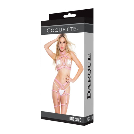 Darque PVC Harness Open Cup Halter Top & Garter Leg Bands Pink