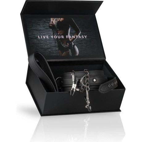 Faux Leather Lead & Nipple Clamps Collar Restraint Set