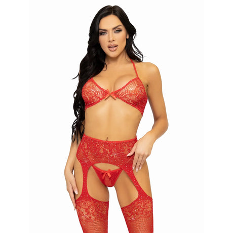 Leg Avenue 3-Piece Rhinestone Bra Top, G-String, and Garter Belt Stockings