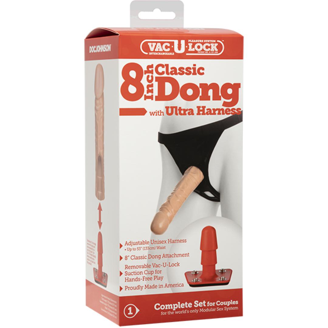 Vac-U-Lock 8 Inch Classic Dong with Ultra Harness