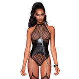 Dreamgirl Fishnet Halter Teddy with Faux Leather Corset