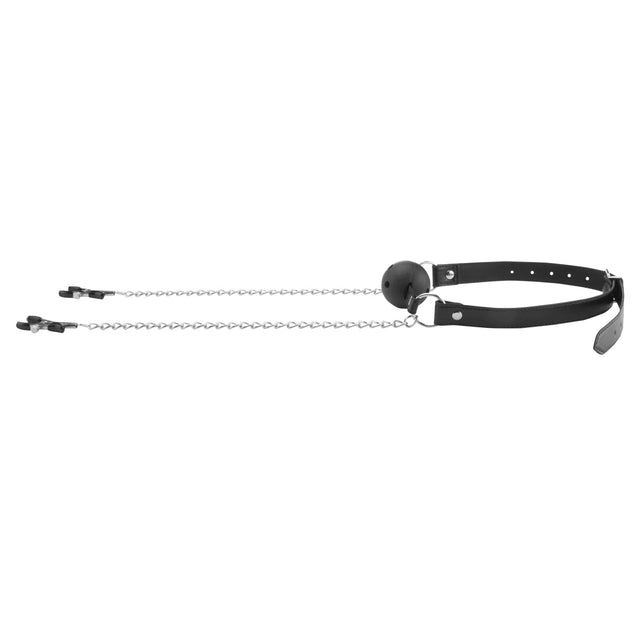 Shots Ouch Breathable Ball Gag with Nipple Clamps
